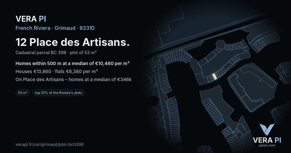 12 Place des Artisans, Grimaud at night – the plot lit, the parcels around coloured by the prices near them