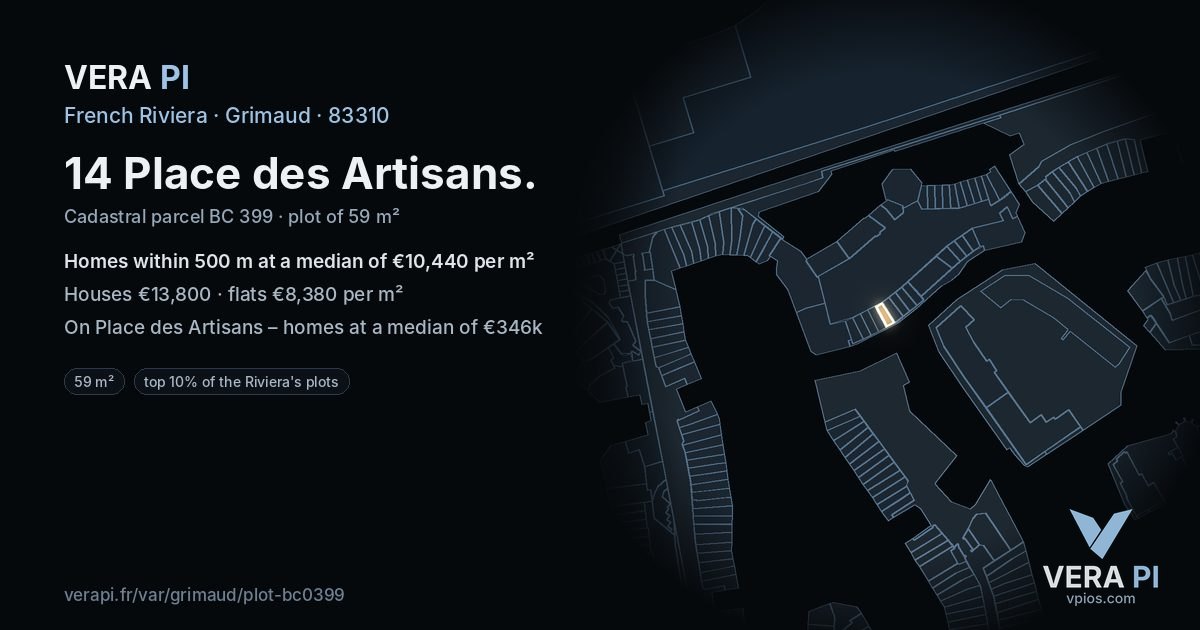 14 Place des Artisans, Grimaud at night – the plot lit, the parcels around coloured by the prices near them