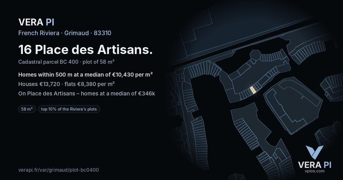 16 Place des Artisans, Grimaud at night – the plot lit, the parcels around coloured by the prices near them