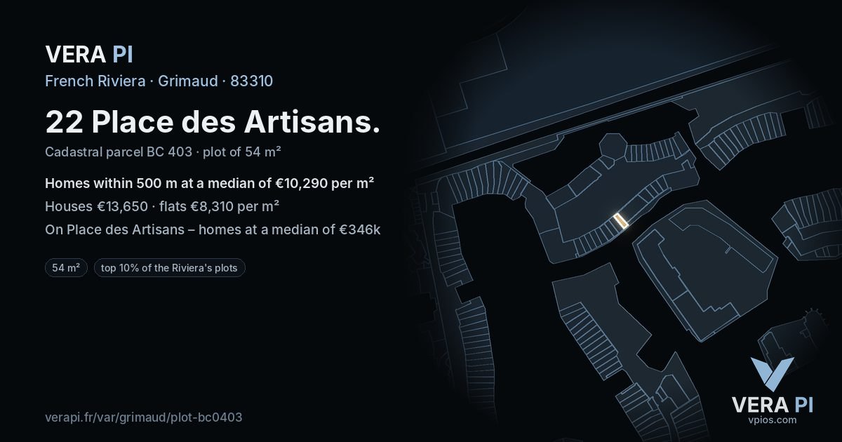 22 Place des Artisans, Grimaud at night – the plot lit, the parcels around coloured by the prices near them