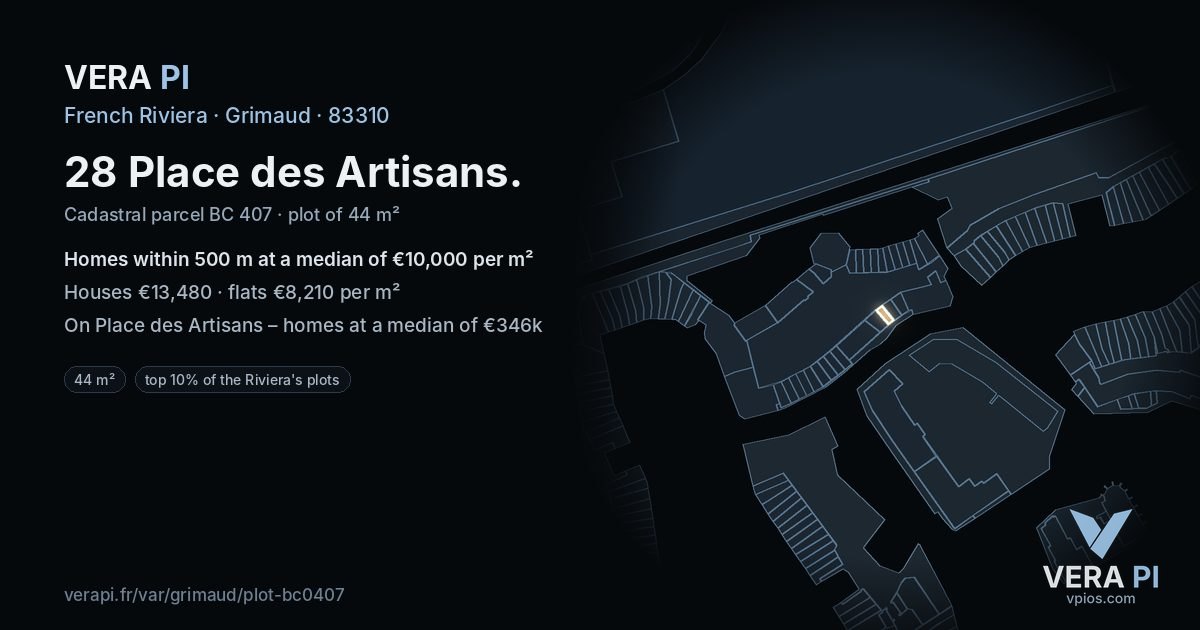 28 Place des Artisans, Grimaud at night – the plot lit, the parcels around coloured by the prices near them