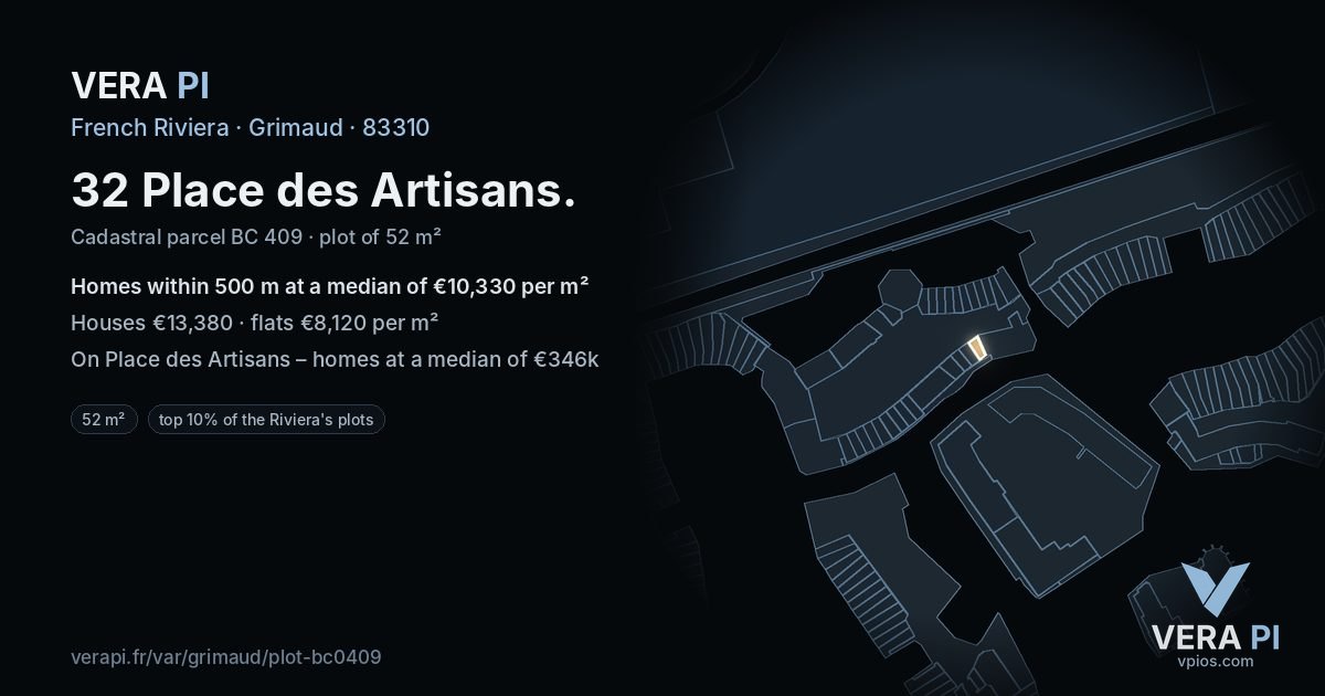 32 Place des Artisans, Grimaud at night – the plot lit, the parcels around coloured by the prices near them