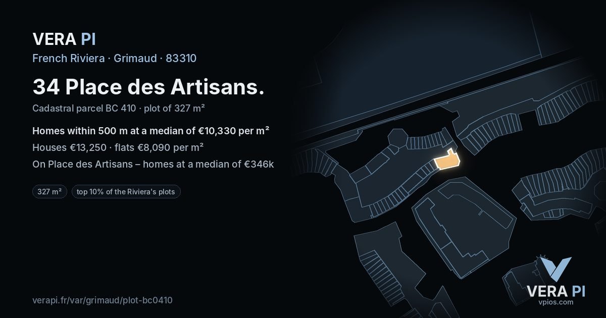 34 Place des Artisans, Grimaud at night – the plot lit, the parcels around coloured by the prices near them