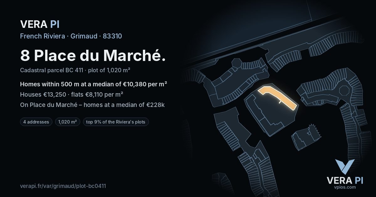 8 Place du Marché, Grimaud at night – the plot lit, the parcels around coloured by the prices near them