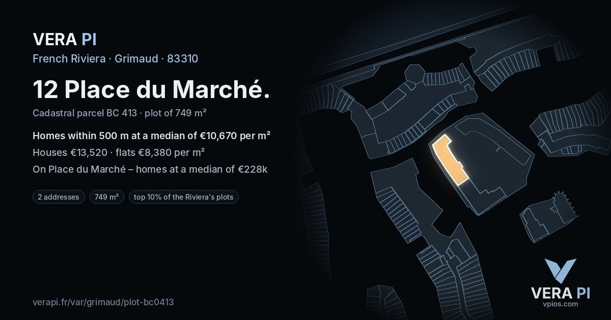 12 Place du Marché, Grimaud at night – the plot lit, the parcels around coloured by the prices near them