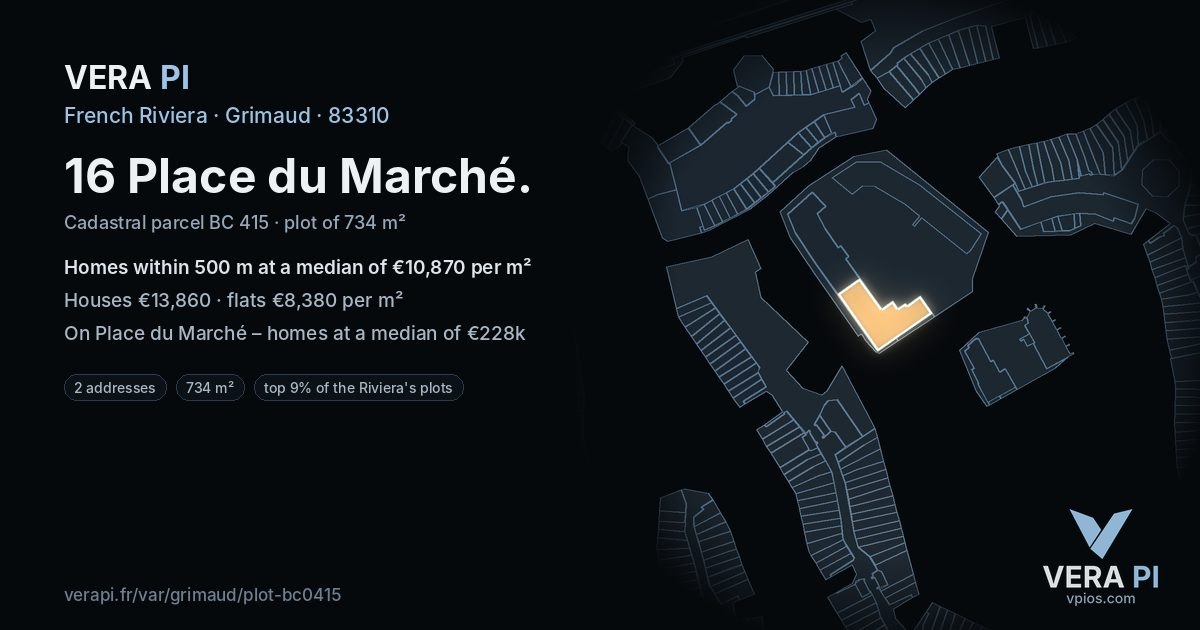 16 Place du Marché, Grimaud at night – the plot lit, the parcels around coloured by the prices near them