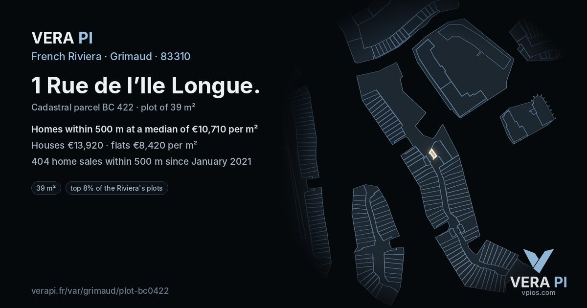 1 Rue de l’Ile Longue, Grimaud at night – the plot lit, the parcels around coloured by the prices near them