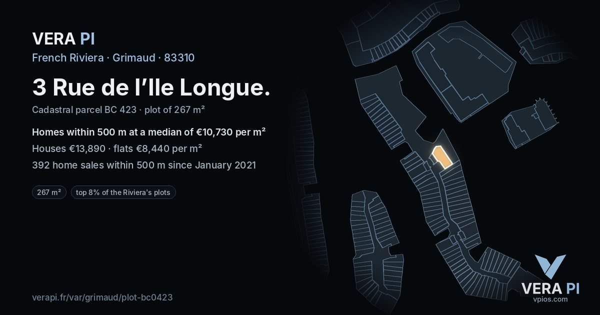 3 Rue de l’Ile Longue, Grimaud at night – the plot lit, the parcels around coloured by the prices near them