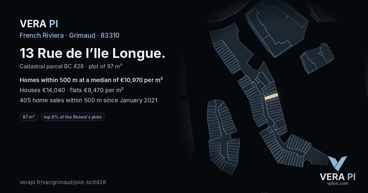 13 Rue de l’Ile Longue, Grimaud at night – the plot lit, the parcels around coloured by the prices near them