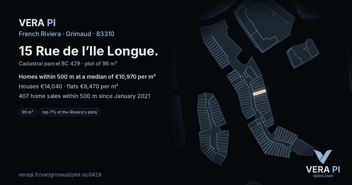 15 Rue de l’Ile Longue, Grimaud at night – the plot lit, the parcels around coloured by the prices near them