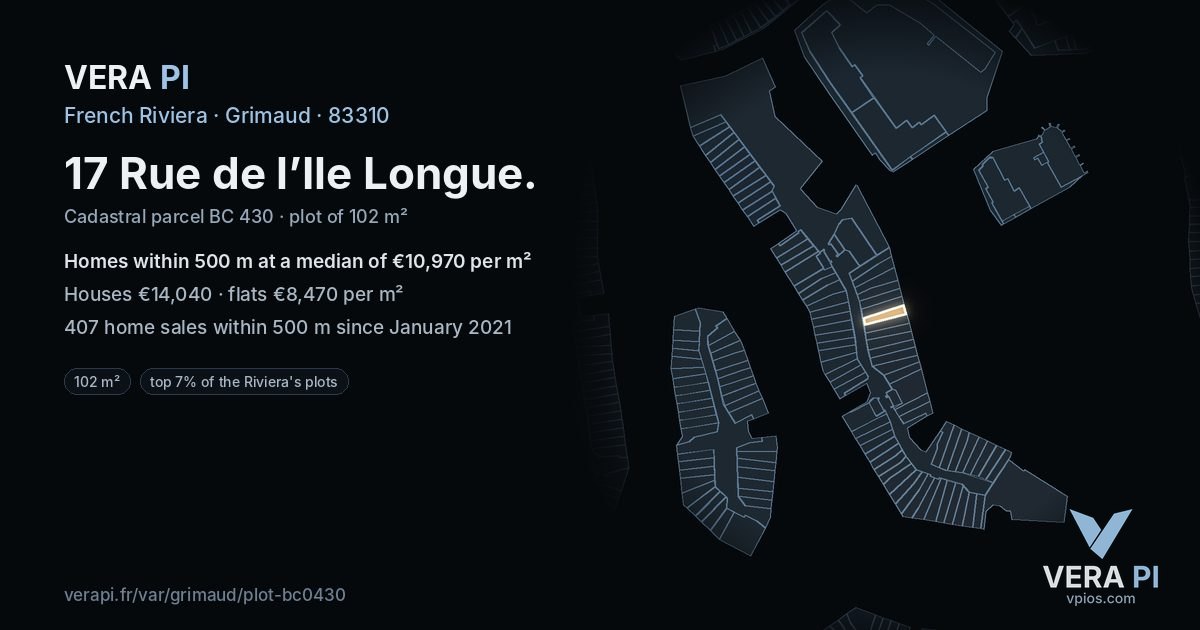 17 Rue de l’Ile Longue, Grimaud at night – the plot lit, the parcels around coloured by the prices near them