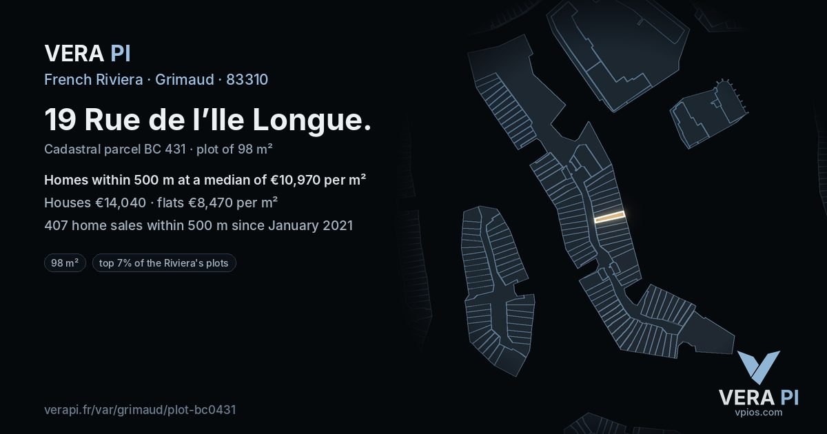 19 Rue de l’Ile Longue, Grimaud at night – the plot lit, the parcels around coloured by the prices near them