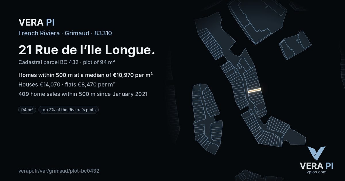21 Rue de l’Ile Longue, Grimaud at night – the plot lit, the parcels around coloured by the prices near them