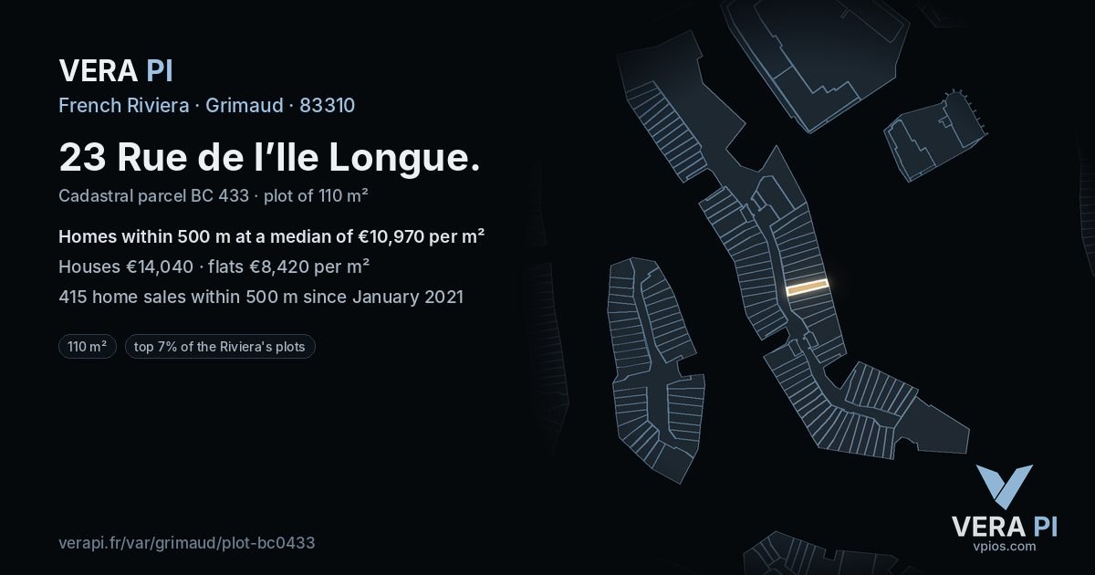 23 Rue de l’Ile Longue, Grimaud at night – the plot lit, the parcels around coloured by the prices near them