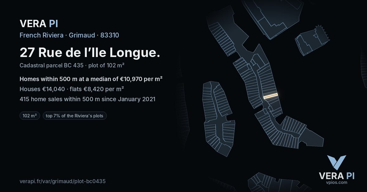 27 Rue de l’Ile Longue, Grimaud at night – the plot lit, the parcels around coloured by the prices near them