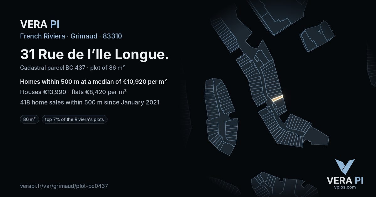 31 Rue de l’Ile Longue, Grimaud at night – the plot lit, the parcels around coloured by the prices near them
