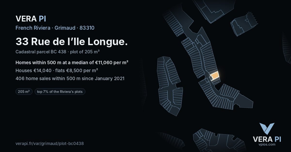 33 Rue de l’Ile Longue, Grimaud at night – the plot lit, the parcels around coloured by the prices near them