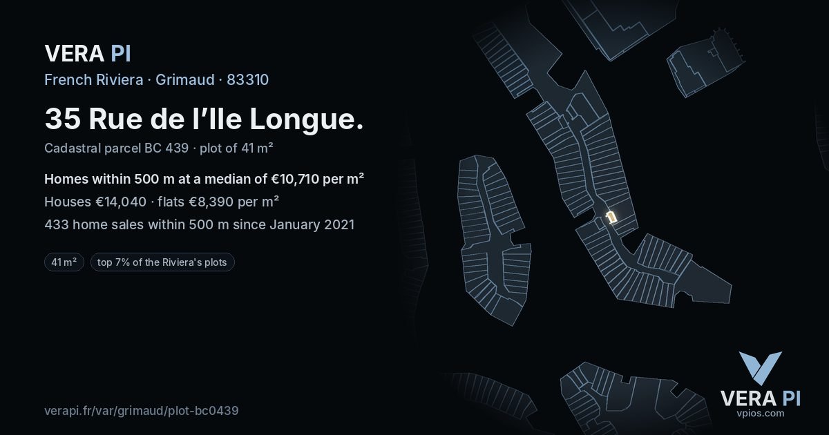 35 Rue de l’Ile Longue, Grimaud at night – the plot lit, the parcels around coloured by the prices near them