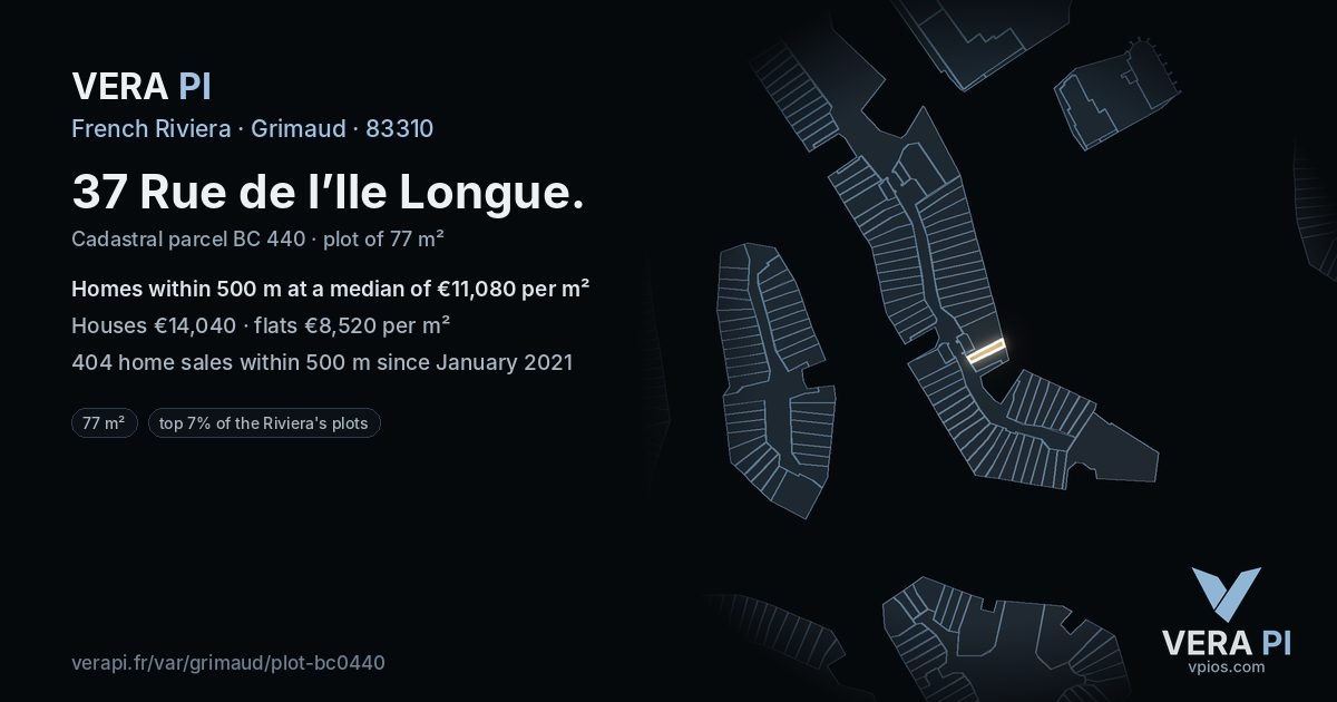 37 Rue de l’Ile Longue, Grimaud at night – the plot lit, the parcels around coloured by the prices near them