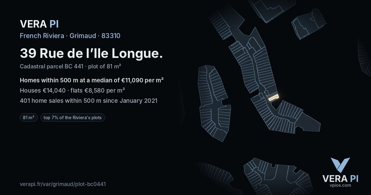 39 Rue de l’Ile Longue, Grimaud at night – the plot lit, the parcels around coloured by the prices near them