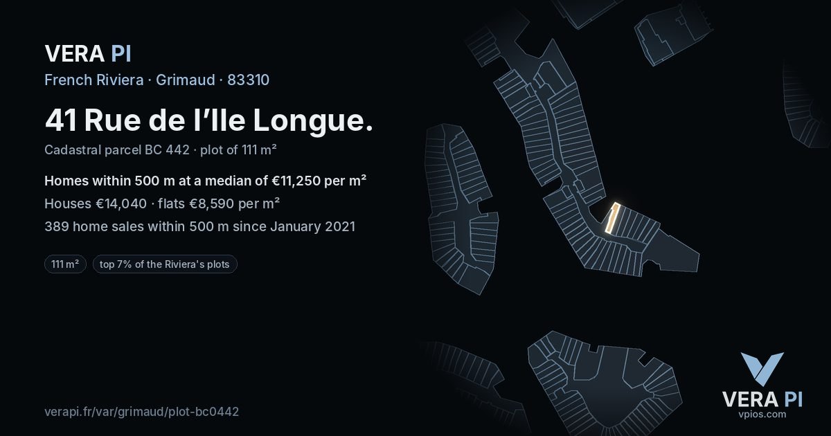 41 Rue de l’Ile Longue, Grimaud at night – the plot lit, the parcels around coloured by the prices near them
