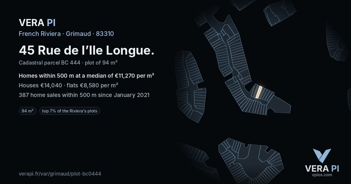 45 Rue de l’Ile Longue, Grimaud at night – the plot lit, the parcels around coloured by the prices near them