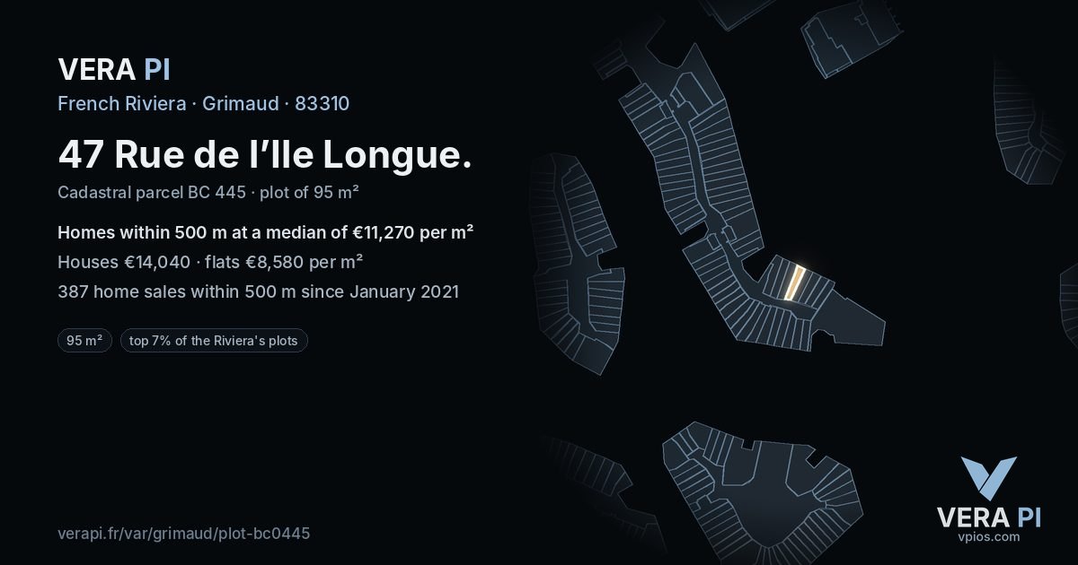 47 Rue de l’Ile Longue, Grimaud at night – the plot lit, the parcels around coloured by the prices near them