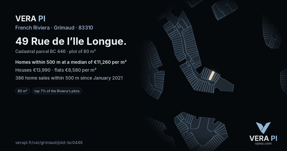 49 Rue de l’Ile Longue, Grimaud at night – the plot lit, the parcels around coloured by the prices near them