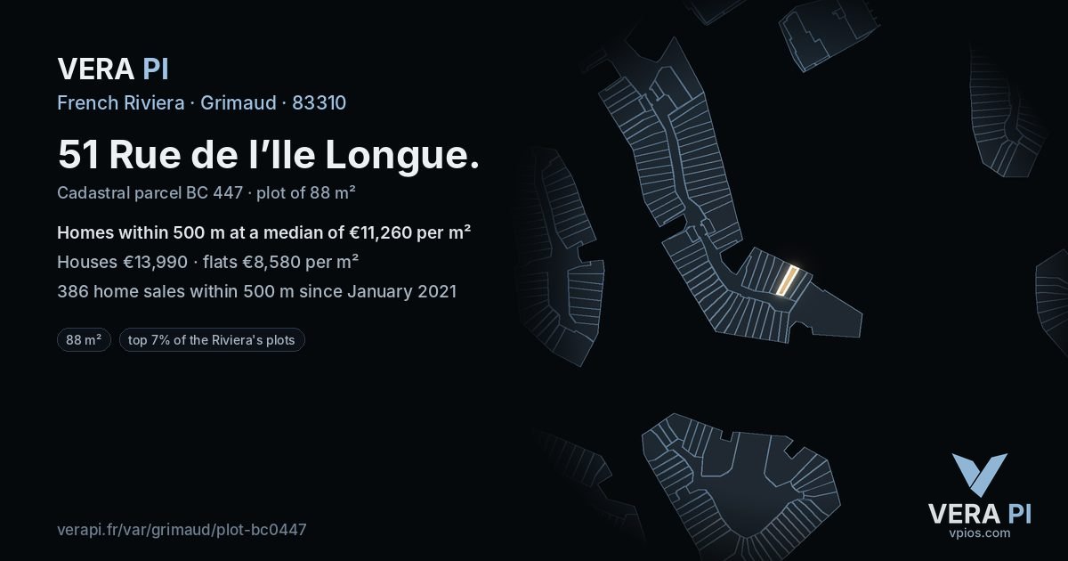 51 Rue de l’Ile Longue, Grimaud at night – the plot lit, the parcels around coloured by the prices near them