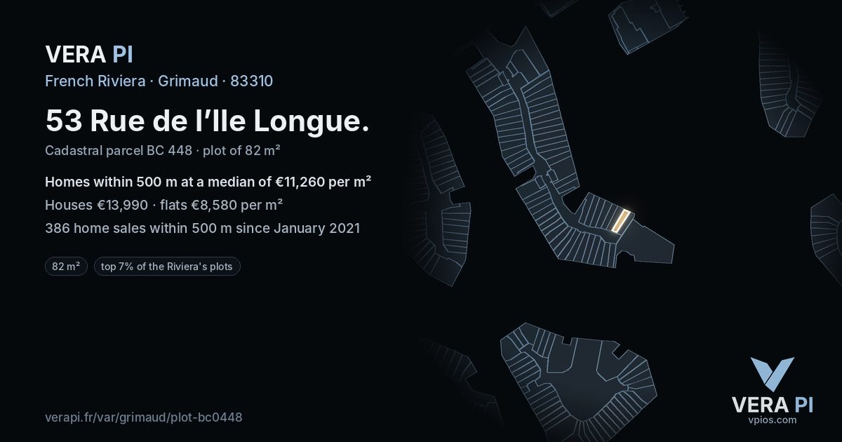 53 Rue de l’Ile Longue, Grimaud at night – the plot lit, the parcels around coloured by the prices near them