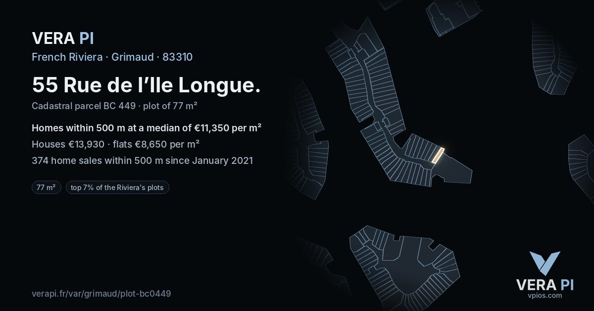 55 Rue de l’Ile Longue, Grimaud at night – the plot lit, the parcels around coloured by the prices near them