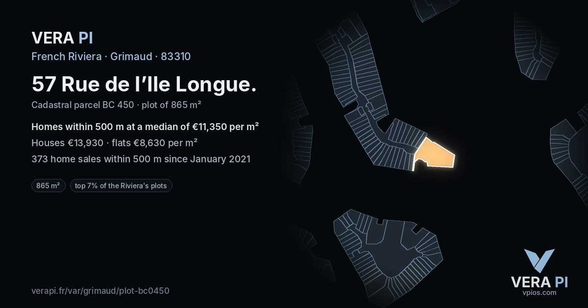 57 Rue de l’Ile Longue, Grimaud at night – the plot lit, the parcels around coloured by the prices near them