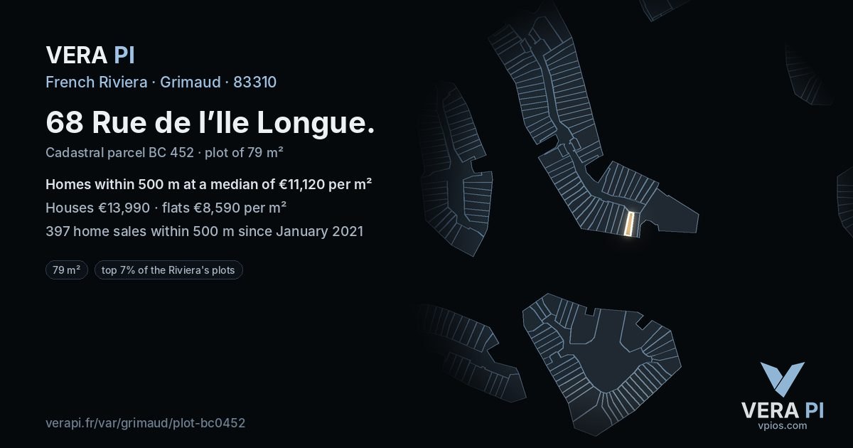68 Rue de l’Ile Longue, Grimaud at night – the plot lit, the parcels around coloured by the prices near them