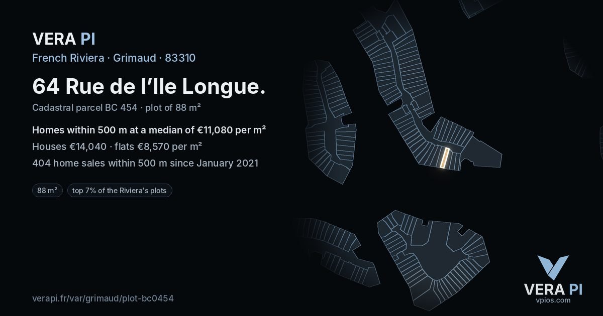 64 Rue de l’Ile Longue, Grimaud at night – the plot lit, the parcels around coloured by the prices near them