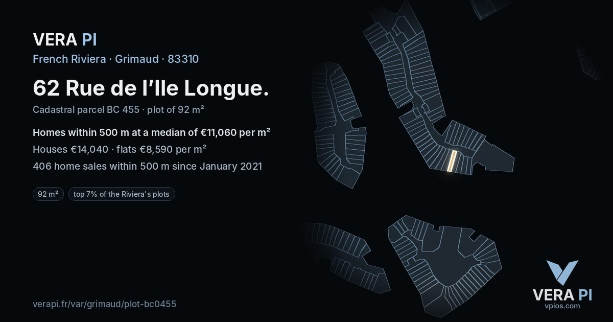 62 Rue de l’Ile Longue, Grimaud at night – the plot lit, the parcels around coloured by the prices near them
