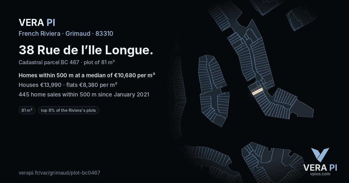 38 Rue de l’Ile Longue, Grimaud at night – the plot lit, the parcels around coloured by the prices near them
