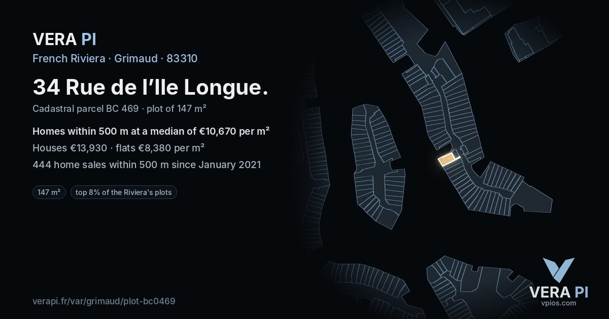34 Rue de l’Ile Longue, Grimaud at night – the plot lit, the parcels around coloured by the prices near them