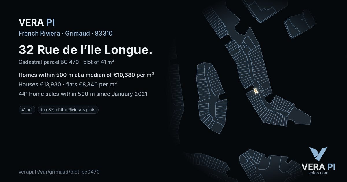 32 Rue de l’Ile Longue, Grimaud at night – the plot lit, the parcels around coloured by the prices near them