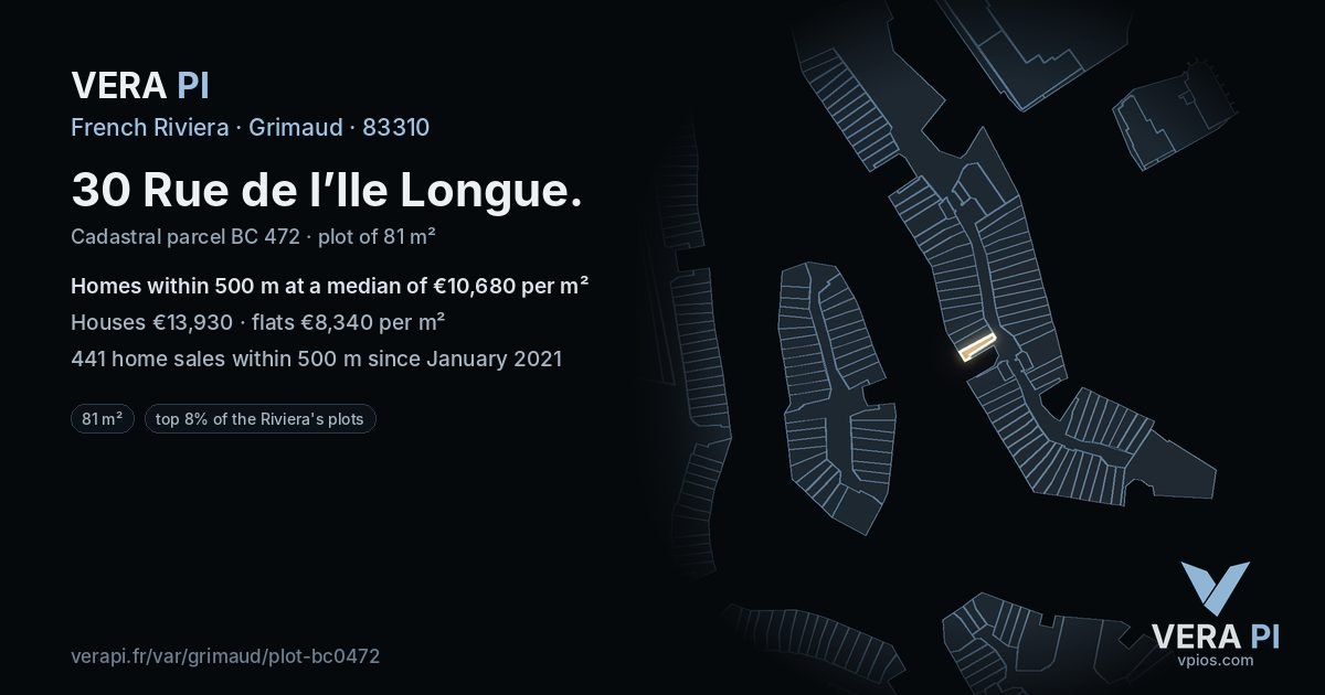 30 Rue de l’Ile Longue, Grimaud at night – the plot lit, the parcels around coloured by the prices near them