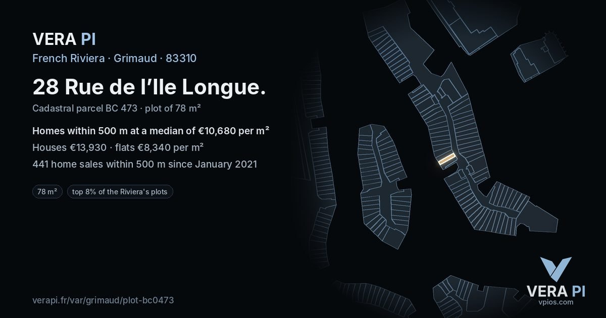 28 Rue de l’Ile Longue, Grimaud at night – the plot lit, the parcels around coloured by the prices near them