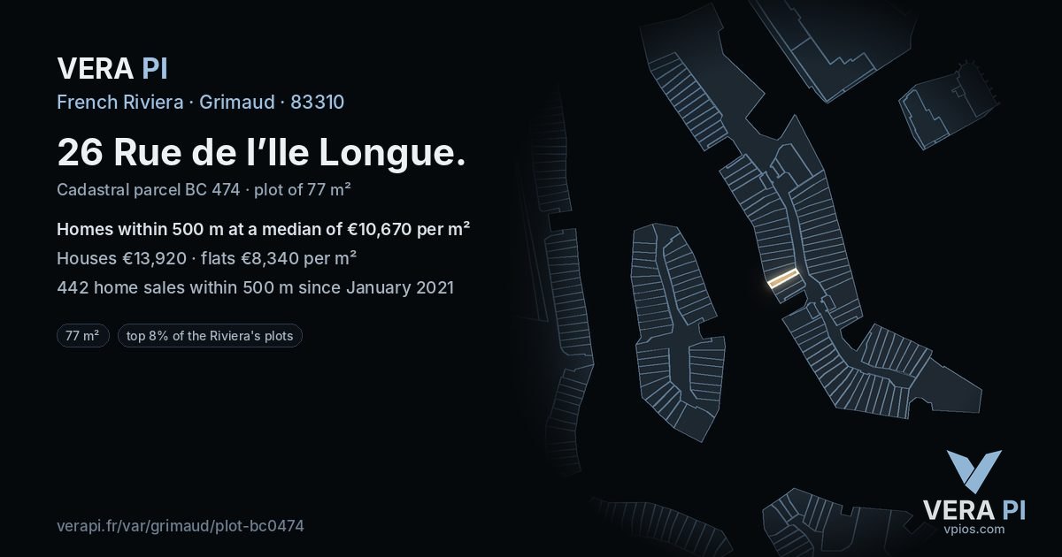 26 Rue de l’Ile Longue, Grimaud at night – the plot lit, the parcels around coloured by the prices near them