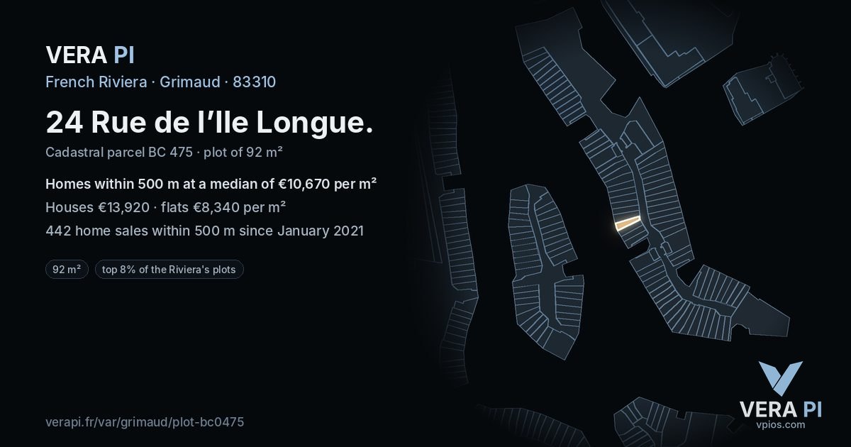 24 Rue de l’Ile Longue, Grimaud at night – the plot lit, the parcels around coloured by the prices near them