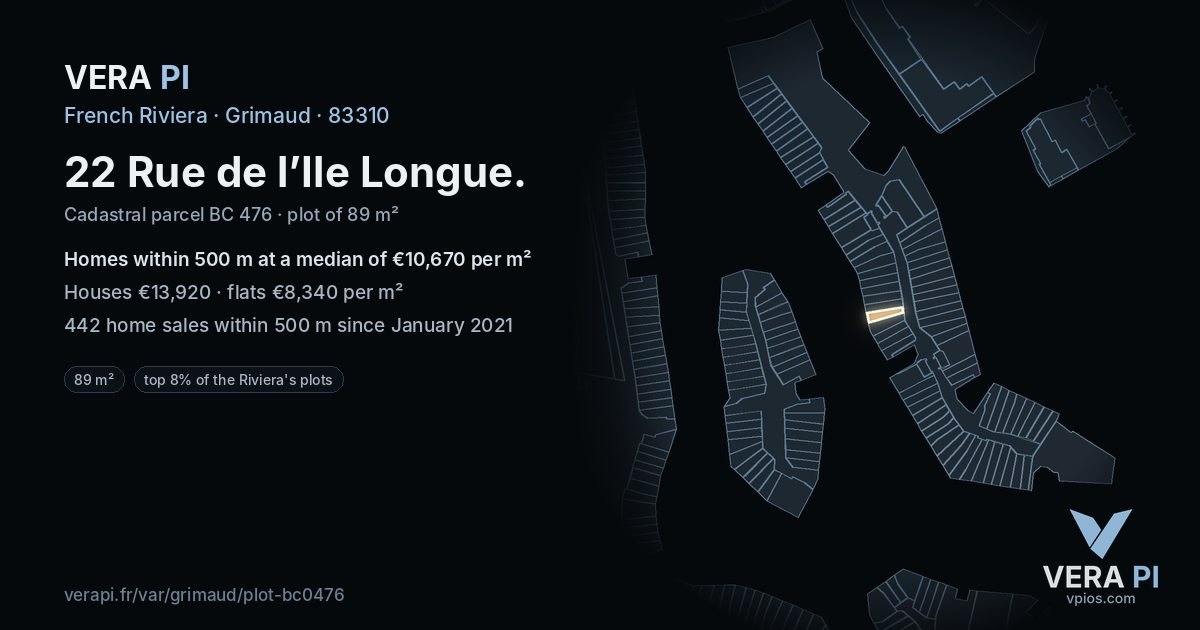 22 Rue de l’Ile Longue, Grimaud at night – the plot lit, the parcels around coloured by the prices near them