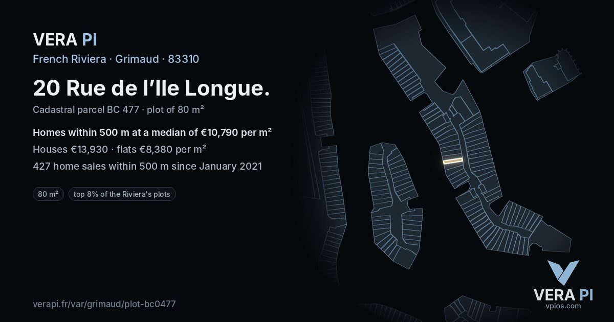 20 Rue de l’Ile Longue, Grimaud at night – the plot lit, the parcels around coloured by the prices near them