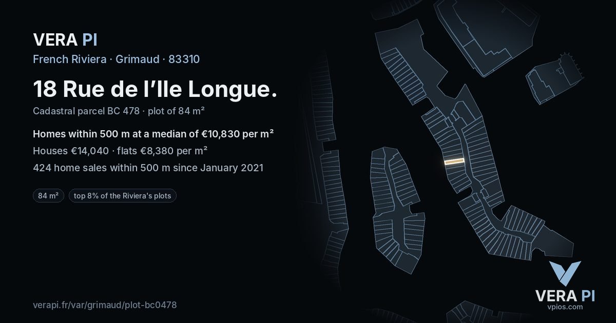 18 Rue de l’Ile Longue, Grimaud at night – the plot lit, the parcels around coloured by the prices near them