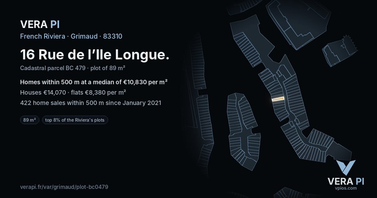 16 Rue de l’Ile Longue, Grimaud at night – the plot lit, the parcels around coloured by the prices near them