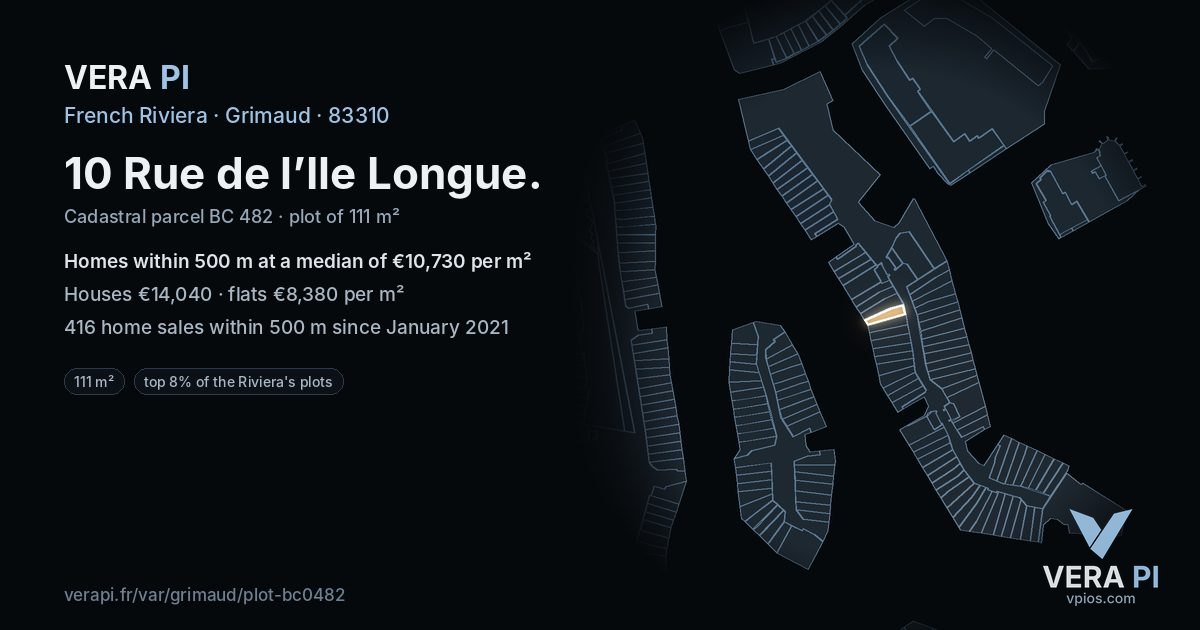 10 Rue de l’Ile Longue, Grimaud at night – the plot lit, the parcels around coloured by the prices near them