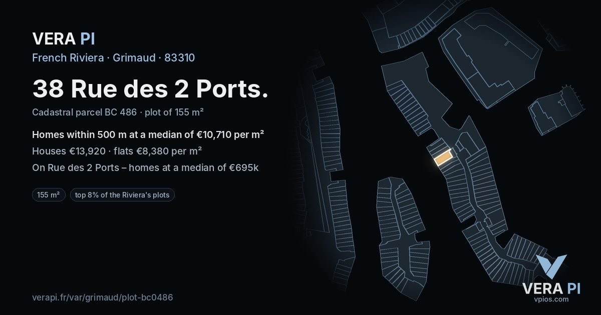 38 Rue des 2 Ports, Grimaud at night – the plot lit, the parcels around coloured by the prices near them