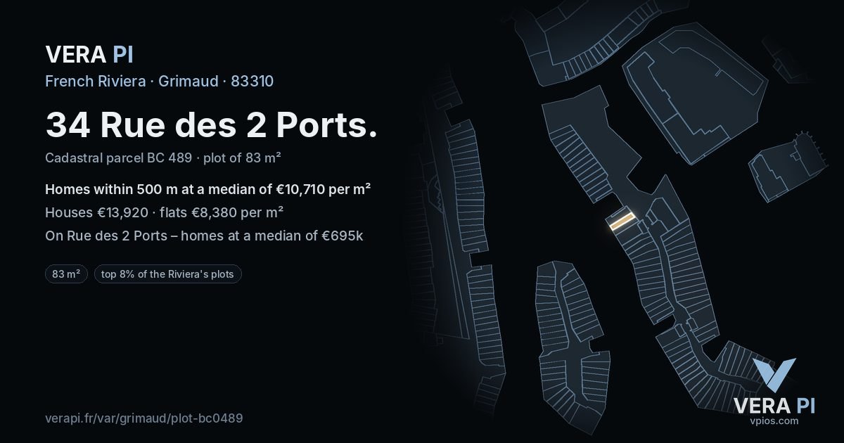 34 Rue des 2 Ports, Grimaud at night – the plot lit, the parcels around coloured by the prices near them