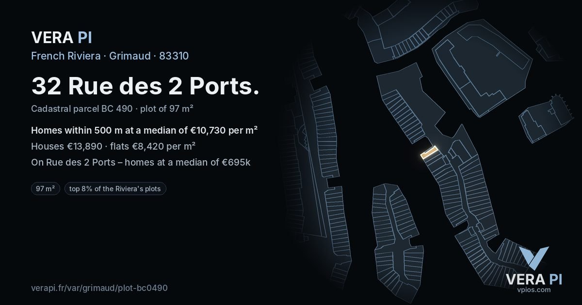 32 Rue des 2 Ports, Grimaud at night – the plot lit, the parcels around coloured by the prices near them